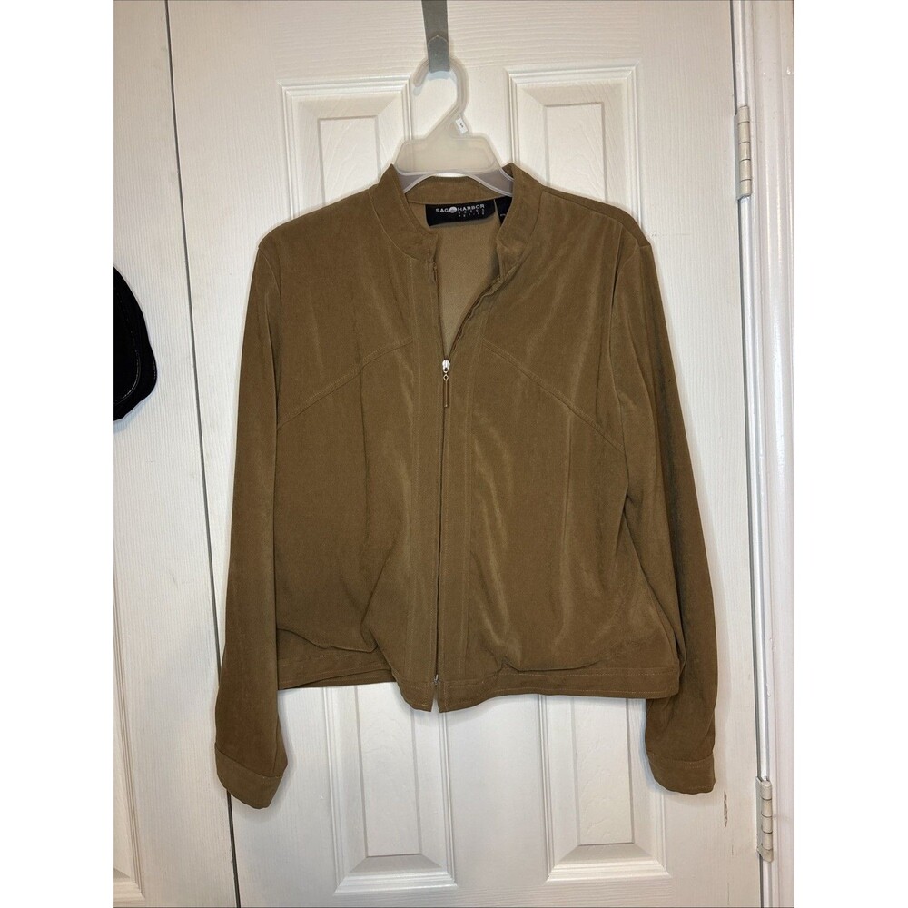 VTG 90s Sag Harbor Petite 10P Brown Faux Suede Zip Jacket Retro Fall Minimalist